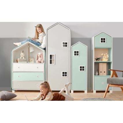 Gyermek szekrény MIRUM 126x80 cm fehér/szürke/zöld