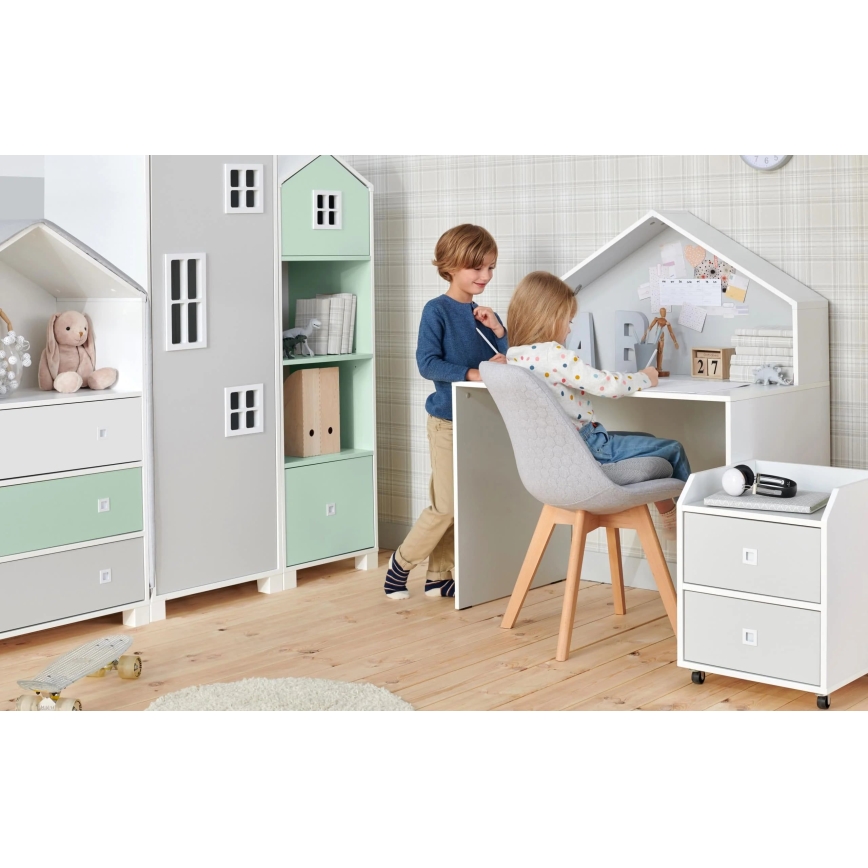 Gyermek szekrény MIRUM 126x80 cm fehér/szürke/zöld