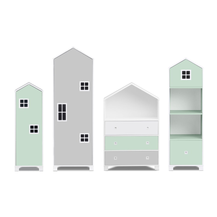 Gyermek szekrény MIRUM 126x80 cm fehér/szürke/zöld