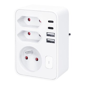 Hálózati elosztó 1×16 A + 2×2,5 A, 2× USB (A és C) töltővel, fehér