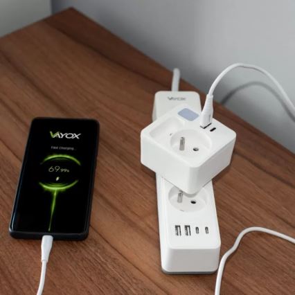 Hálózati elosztó 2 aljzattal + USB-C + USB-A, LED világítással LED/0,5W/230V 3000K