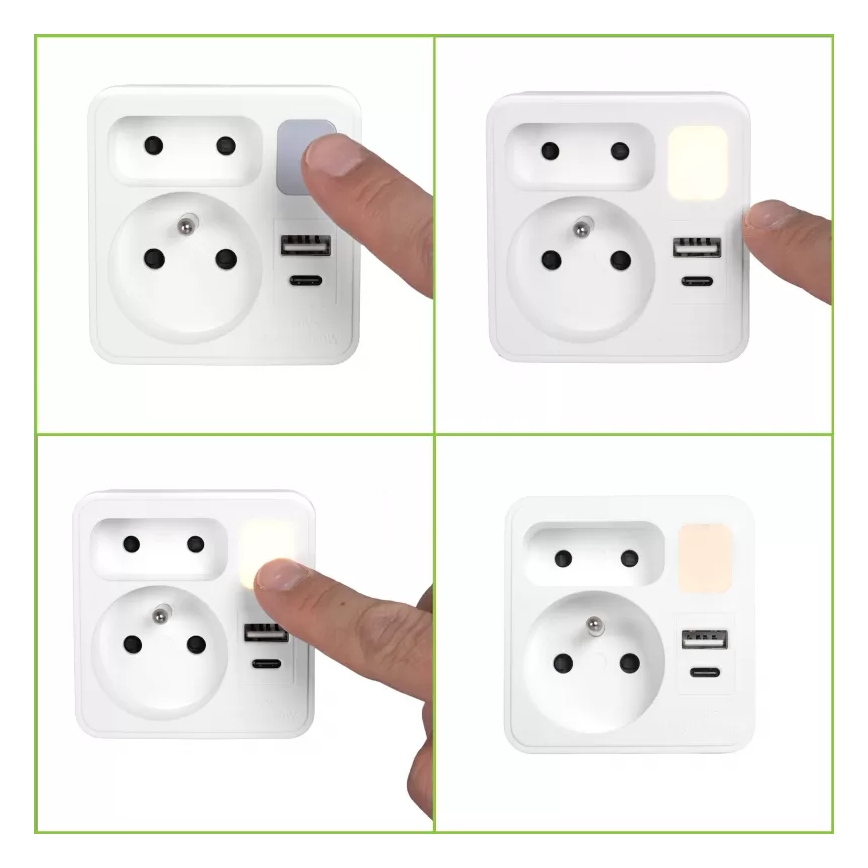Hálózati elosztó 2 aljzattal + USB-C + USB-A, LED világítással LED/0,5W/230V 3000K