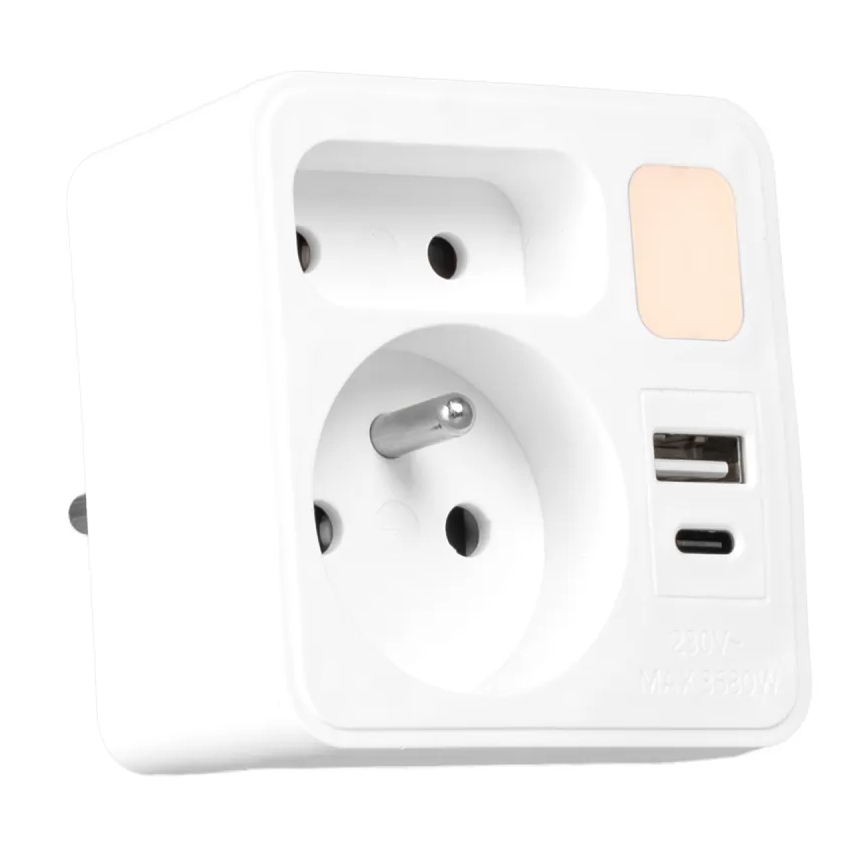 Hálózati elosztó 2 aljzattal + USB-C + USB-A, LED világítással LED/0,5W/230V 3000K