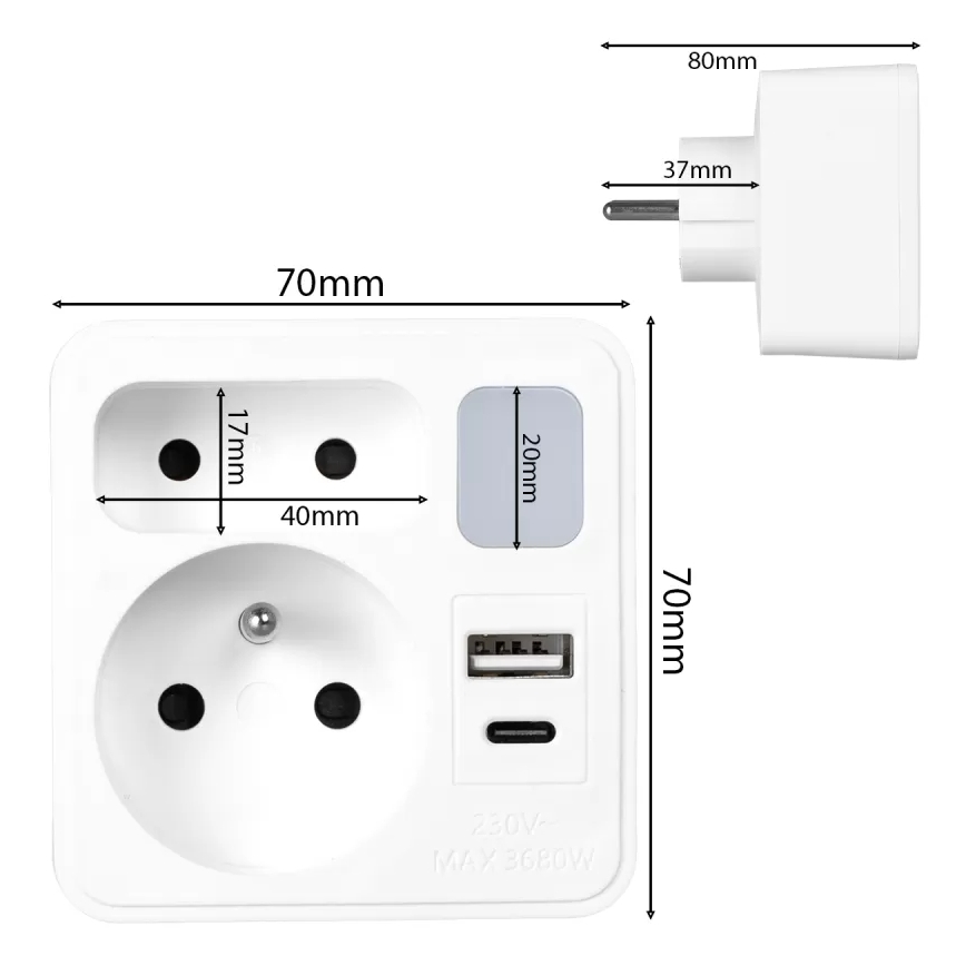 Hálózati elosztó 2 aljzattal + USB-C + USB-A, LED világítással LED/0,5W/230V 3000K