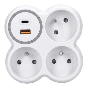 Hálózati elosztó 3×16 A + USB A+C 20 W gyorstöltő