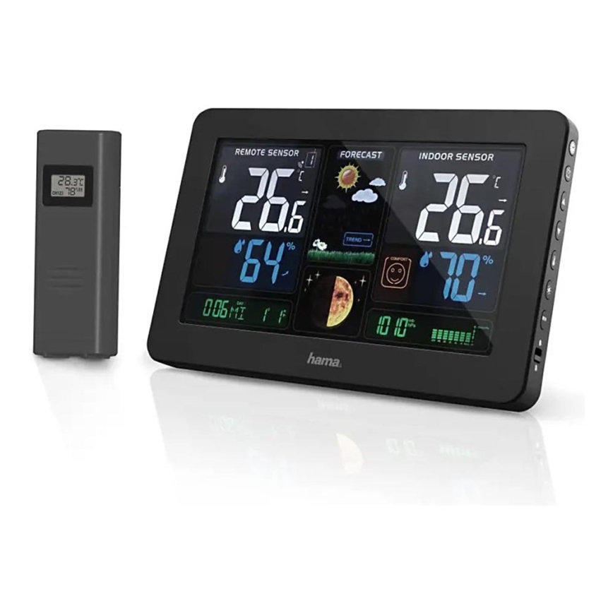 Hama - Meteorológiai állomás színes LCD kijelzővel és ébresztőórával + USB fekete