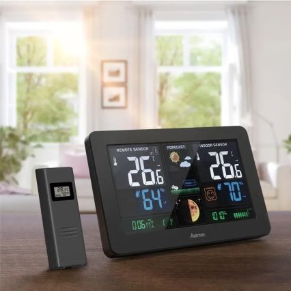 Hama - Meteorológiai állomás színes LED kijelzővel és ébresztőóra 230V/2xAA + USB fekete