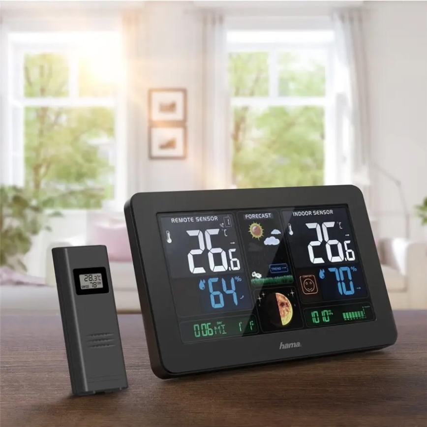 Hama - Meteorológiai állomás színes LED kijelzővel és ébresztőóra 230V/2xAA + USB fekete