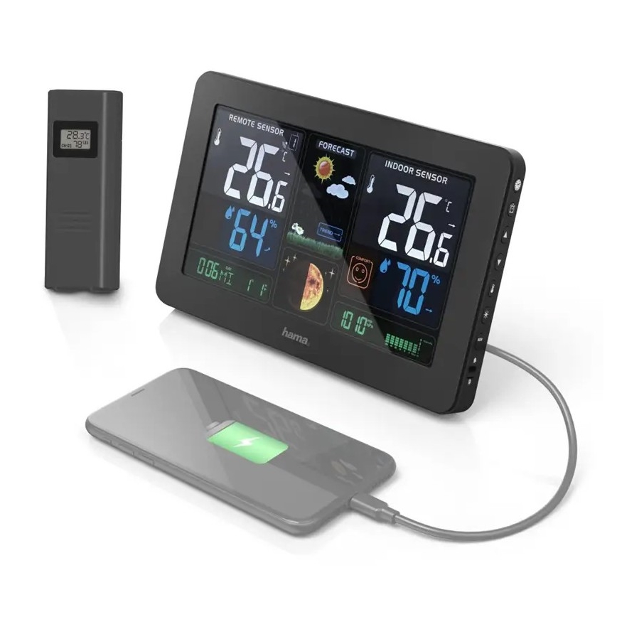 Hama - Meteorológiai állomás színes LED kijelzővel és ébresztőóra 230V/2xAA + USB fekete