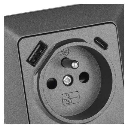 Háztartási fali aljzat USB-A+USB-C, francia kivitel, 250 V/16 A, antracit