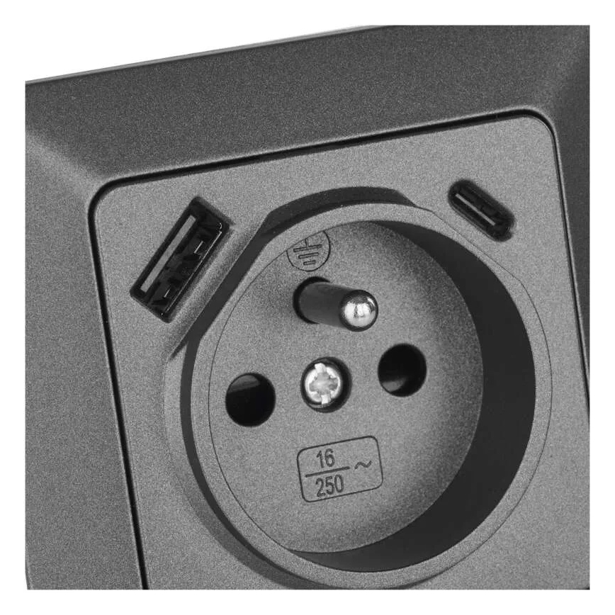 Háztartási fali aljzat USB-A+USB-C, francia kivitel, 250 V/16 A, antracit