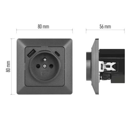Háztartási fali aljzat USB-A+USB-C, francia kivitel, 250 V/16 A, antracit