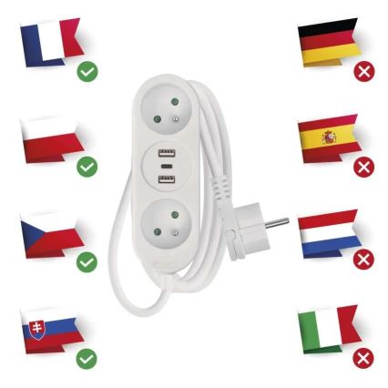 Hosszabbító kábel 2 hálózati aljzat + 2× USB-A + USB-C, 1,4 m