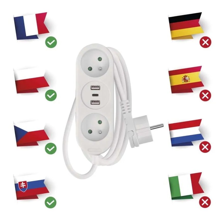 Hosszabbító kábel 2 hálózati aljzat + 2× USB-A + USB-C, 1,4 m