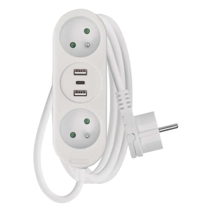 Hosszabbító kábel 2 hálózati aljzat + 2× USB-A + USB-C, 1,4 m