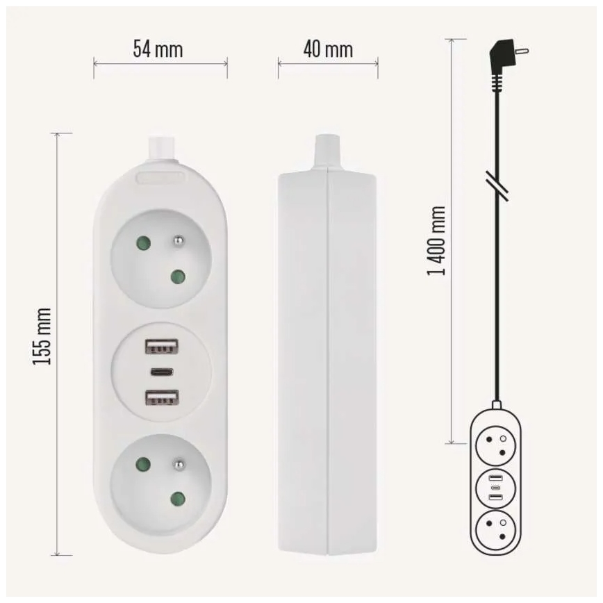Hosszabbító kábel 2 hálózati aljzat + 2× USB-A + USB-C, 1,4 m