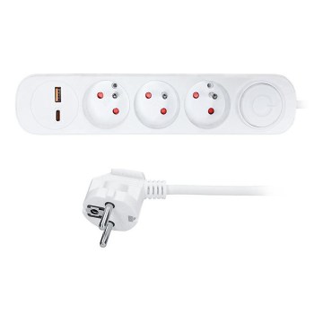 Hosszabbító kábel kapcsolóval, 3 aljzattal és USB A és C töltőportokkal, 3 m