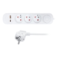Hosszabbító kábel kapcsolóval, 3 aljzattal, USB A és C töltéssel, 2 m
