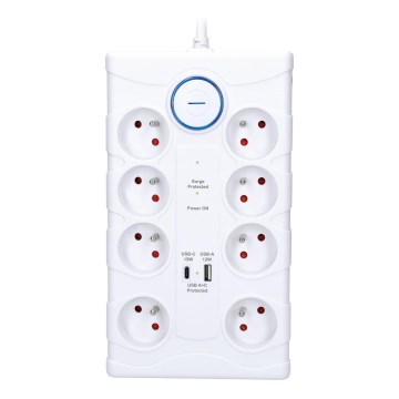 Hosszabbító kábel kapcsolóval és túlfeszültség-védelemmel 8 aljzat E-típus + 1xUSB-A + 1xUSB-C 2m fehér