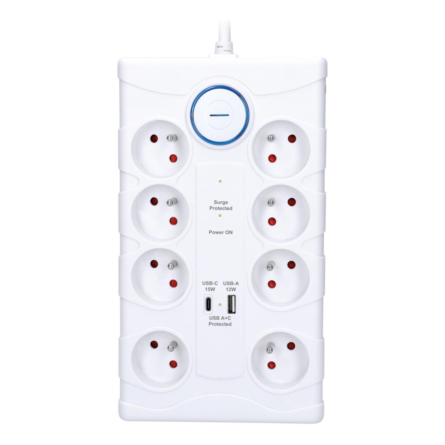 Hosszabbító kábel kapcsolóval és túlfeszültség-védelemmel 8 aljzat E-típus + 1xUSB-A + 1xUSB-C 2m fehér