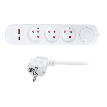 Hosszabbítókábel kapcsolóval, 3 aljzattal, USB A és USB-C töltéssel, 5 m