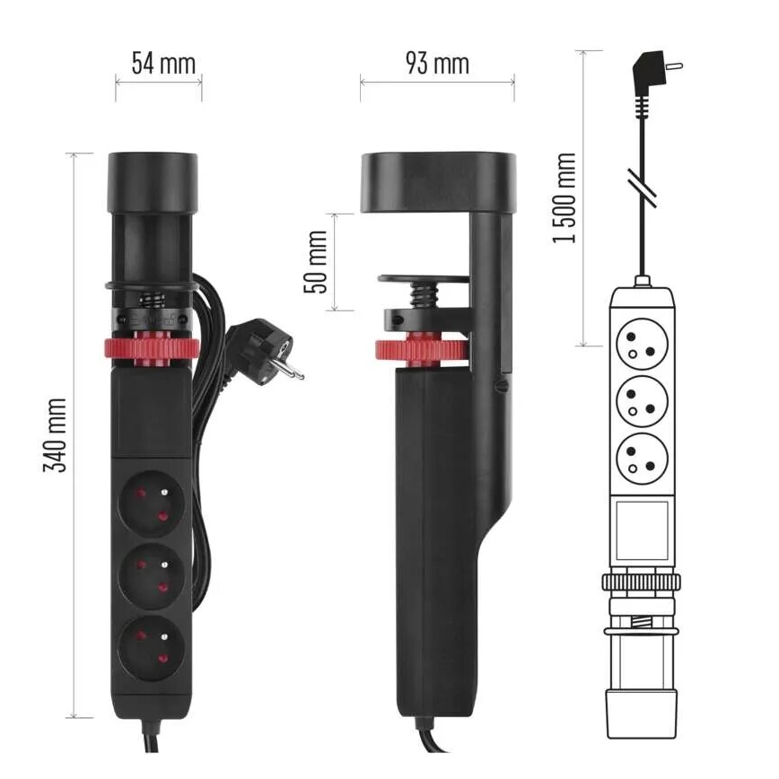Hosszabító kábel asztali rögzítéssel 3Z + 3xUSB 1,5m fekete