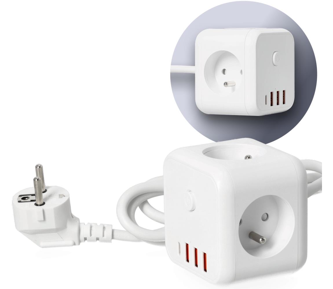 Hosszabító kábel kocka kapcsolóval LINEA 3x230V + 4xUSB A/C fehér KGLCZW3U4D1B