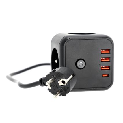 Hosszabító kábel kocka kapcsolóval LINEA 3x230V + 4xUSB A/C fekete