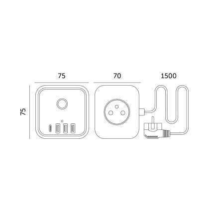 Hosszabító kábel kocka kapcsolóval LINEA 3x230V + 4xUSB A/C fekete