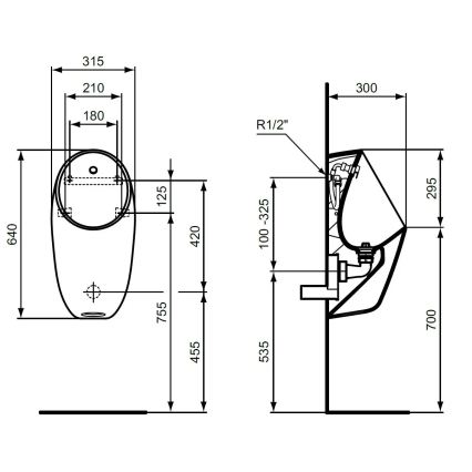 Ideal Standard E253701 - Piszoár I.LIFE hátsó bekötés, hátsó lefolyó kerámia/fehér