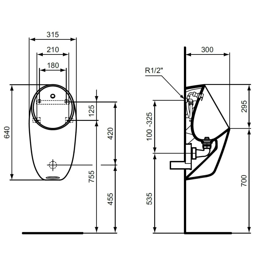 Ideal Standard E253701 - Piszoár I.LIFE hátsó bekötés, hátsó lefolyó kerámia/fehér