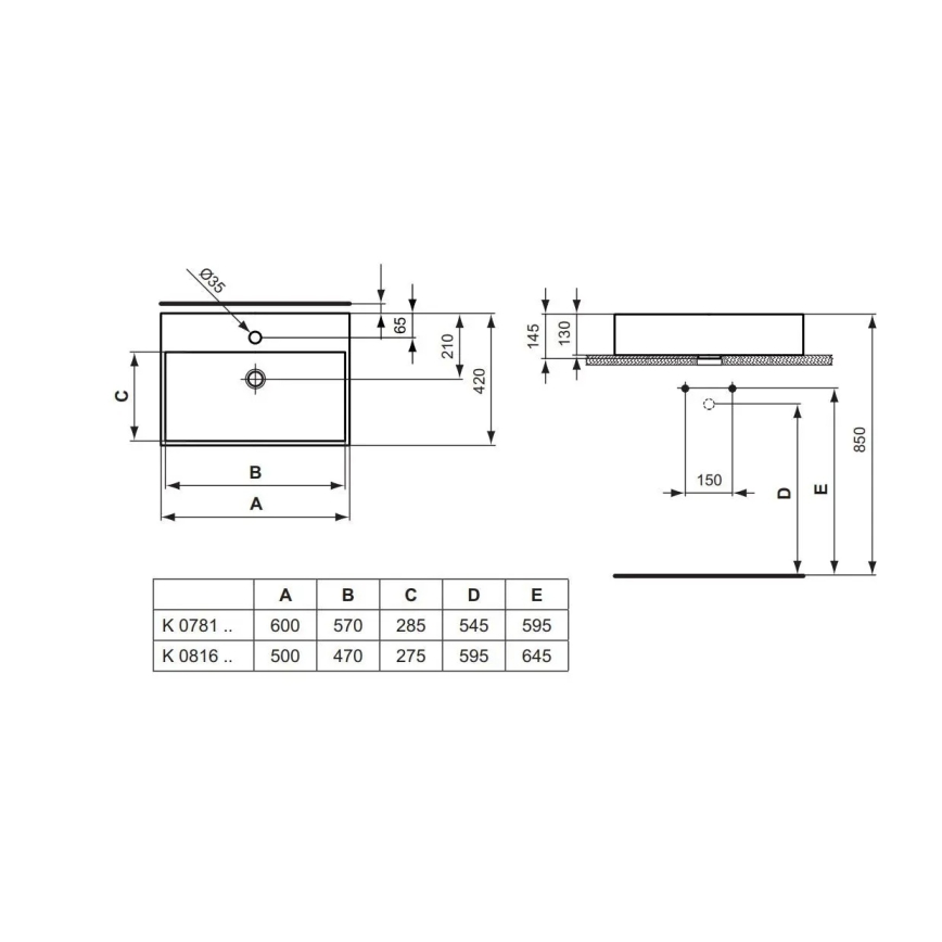 Ideal Standard K081601 - STRADA 50 x 42 cm ráültethető mosdó, kerámia/fehér