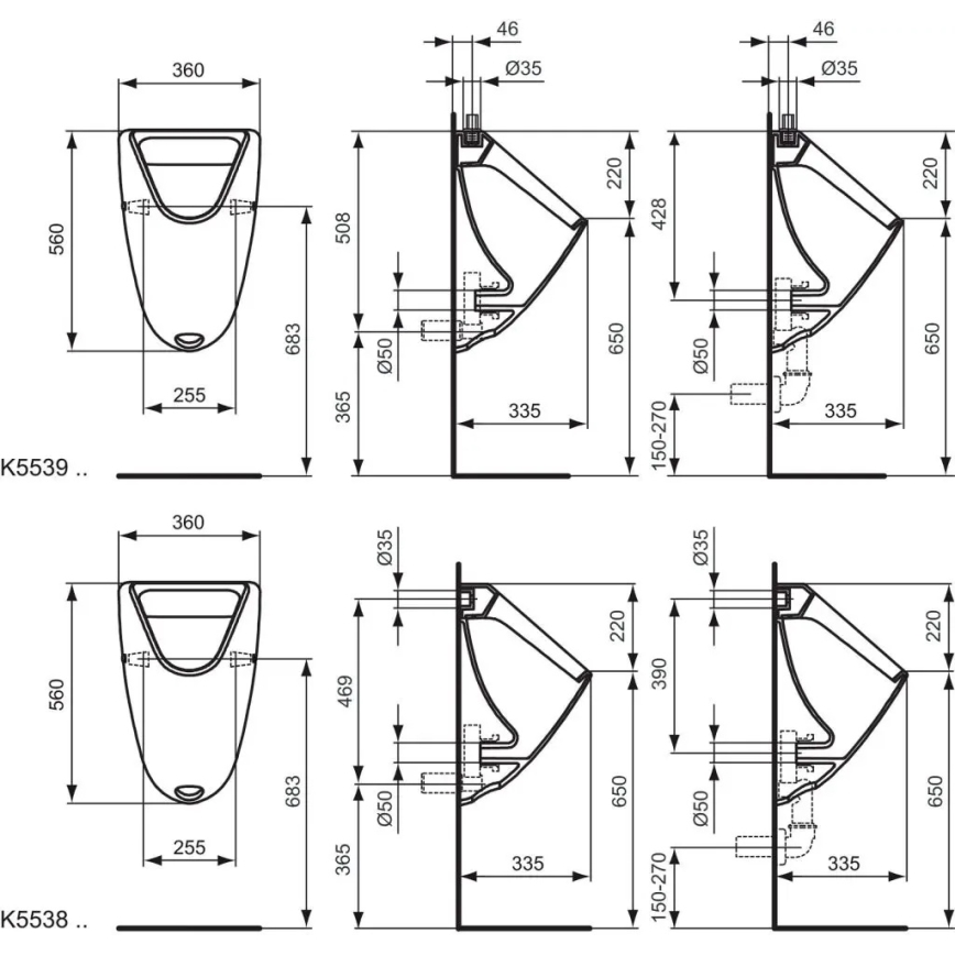 Ideal Standard K553901 - Piszoár EUROVIT, felső bekötés, hátsó lefolyás, kerámia/fehér