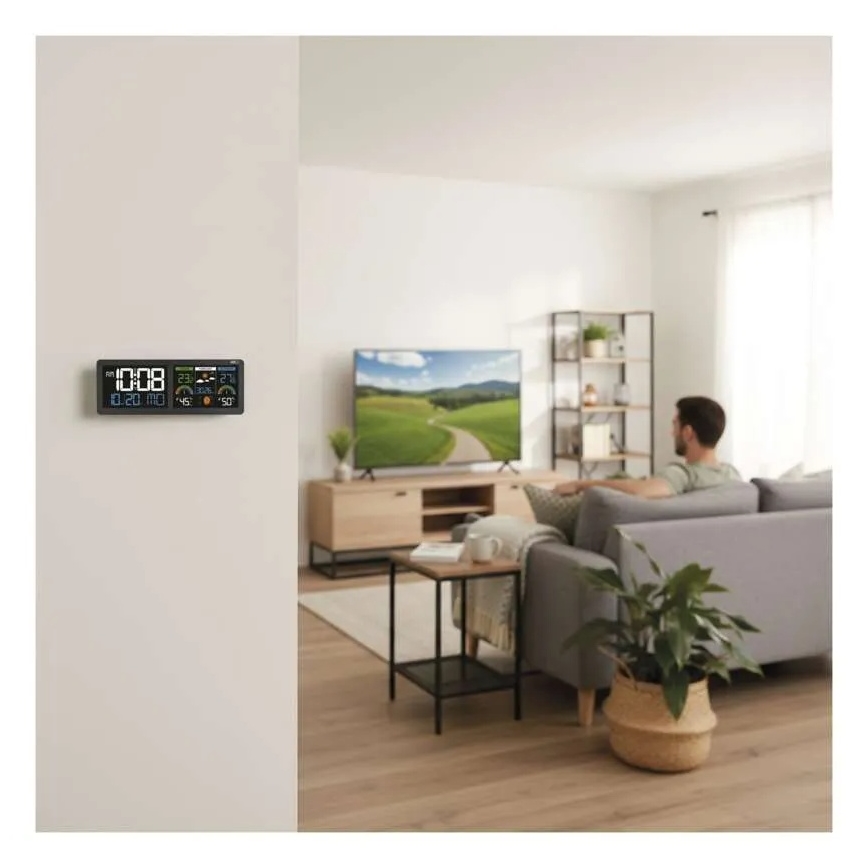 Időjárás-állomás színes LCD-kijelzővel és ébresztővel, 5V, 3xAAA + 2xAA, fekete