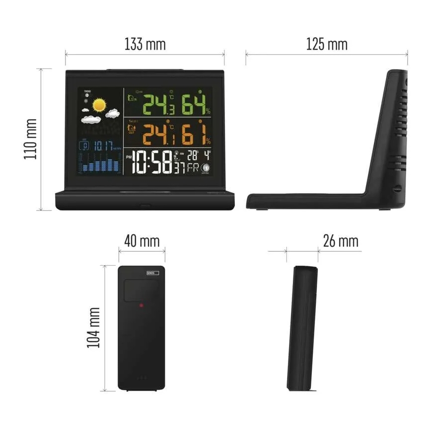 Időjárás-állomás vezeték nélküli töltéssel 5V 2xAA + 2xAAA fekete
