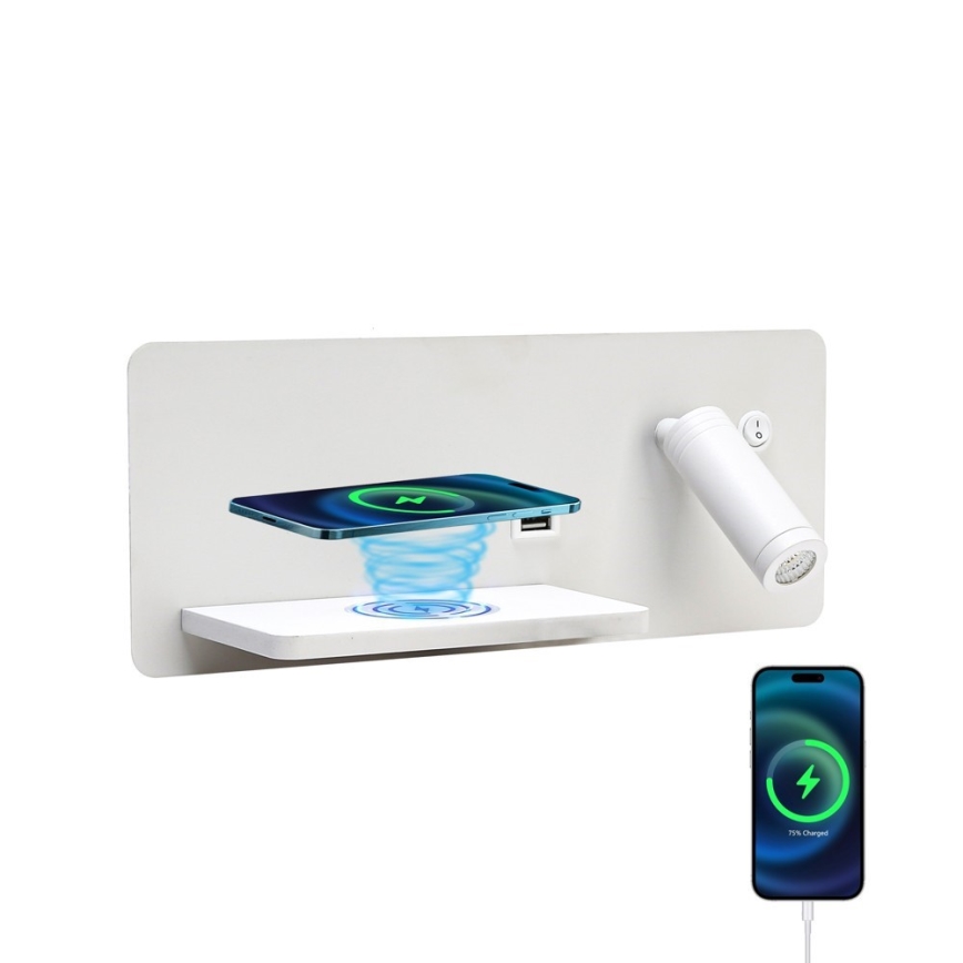 Immax 08286L - LED fali spotlámpa polccal, USB porttal és vezeték nélküli töltéssel Be PREPARE LED/3W/230V + LED/3W fehér