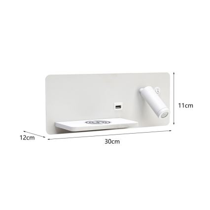 Immax 08286L - LED fali spotlámpa polccal, USB porttal és vezeték nélküli töltéssel Be PREPARE LED/3W/230V + LED/3W fehér