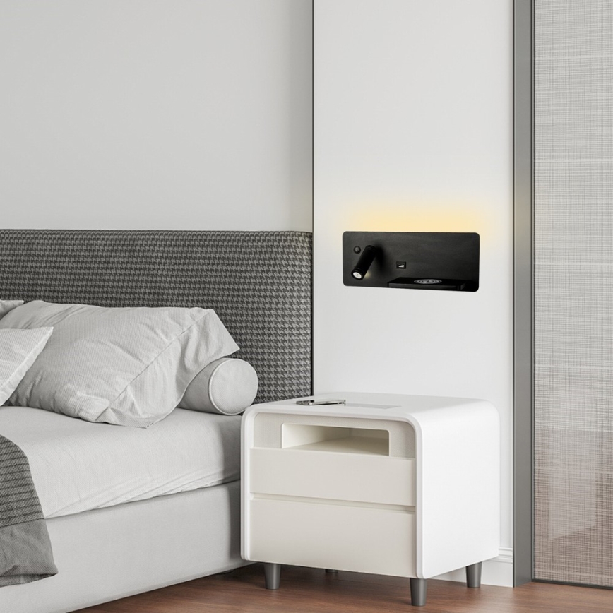 Immax 08287L - LED Fali spotlámpa polccal, USB porttal és vezeték nélküli töltéssel Be PREPARE LED/3W/230V + LED/3W fekete
