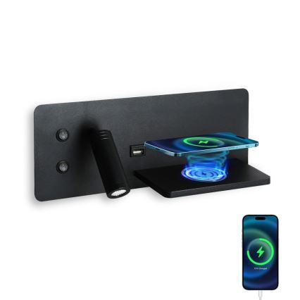 Immax 08287L - LED Fali spotlámpa polccal, USB porttal és vezeték nélküli töltéssel Be PREPARE LED/3W/230V + LED/3W fekete