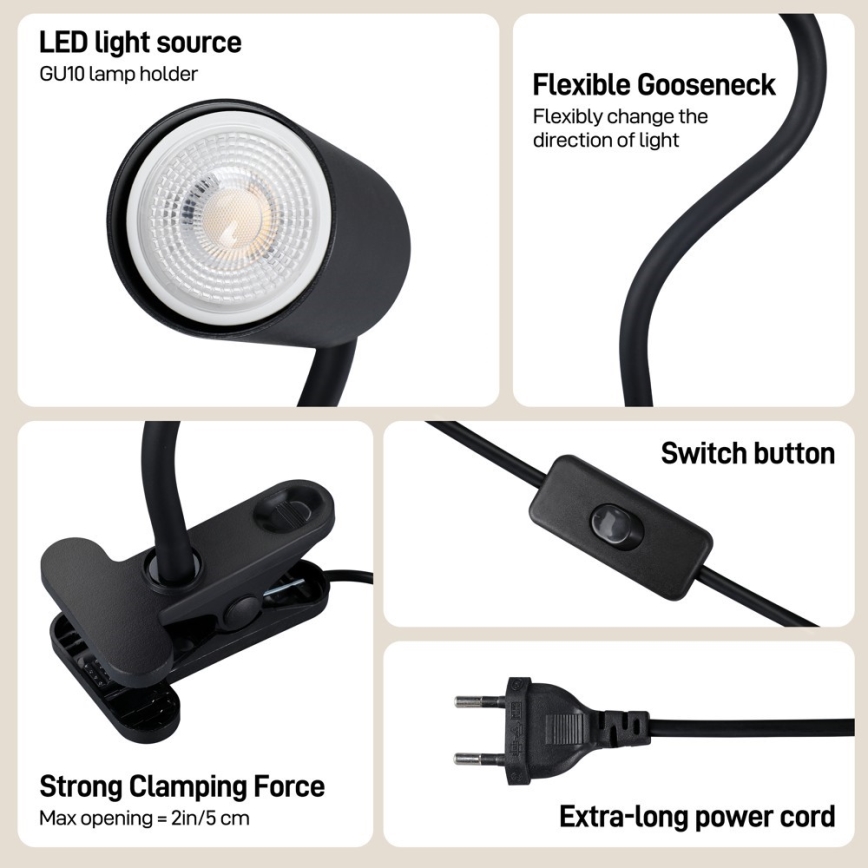 Rugalmas csíptetős lámpa PUNTO 1xGU10/9W/230V fekete