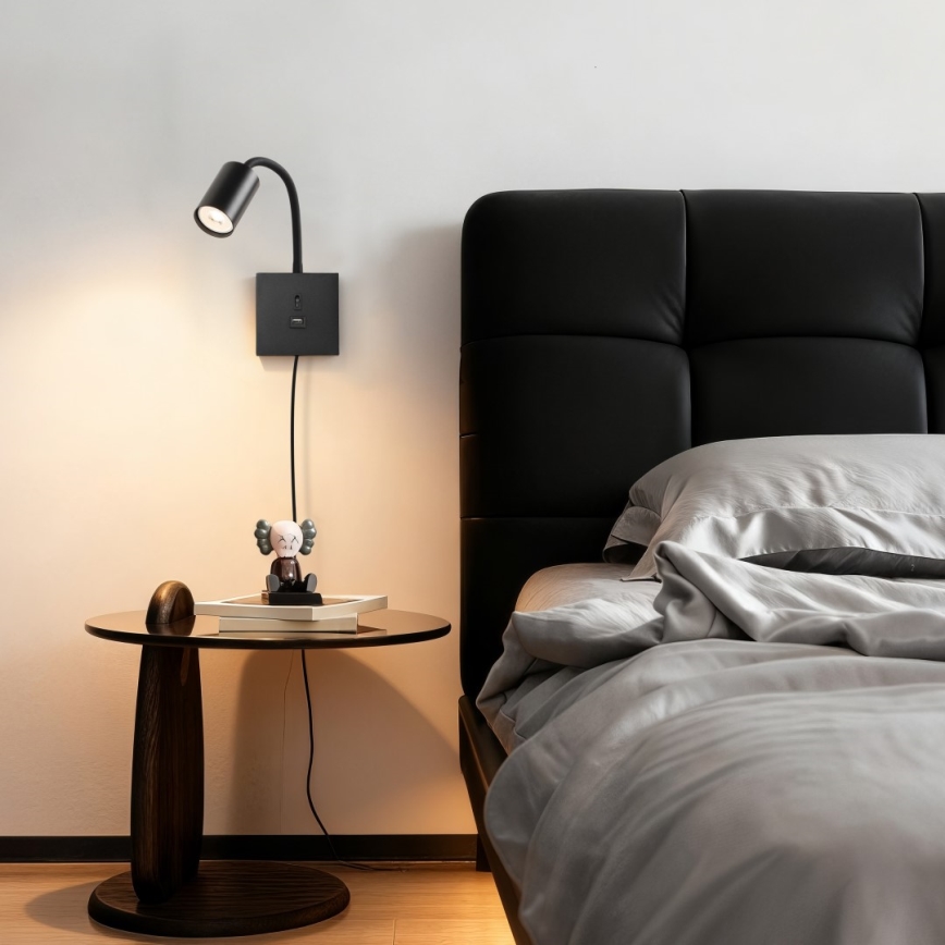 PUNTO USB-csatlakozós fali lámpa 1xGU10/9W/230V fekete