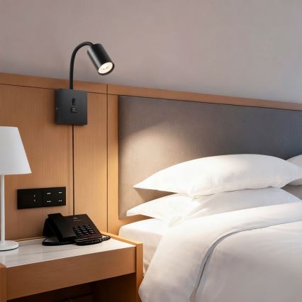 PUNTO USB-csatlakozós fali lámpa 1xGU10/9W/230V fekete