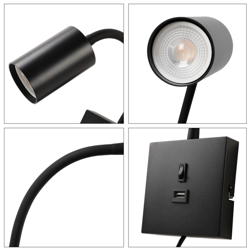PUNTO USB-csatlakozós fali lámpa 1xGU10/9W/230V fekete