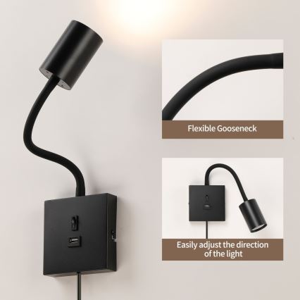 PUNTO USB-csatlakozós fali lámpa 1xGU10/9W/230V fekete