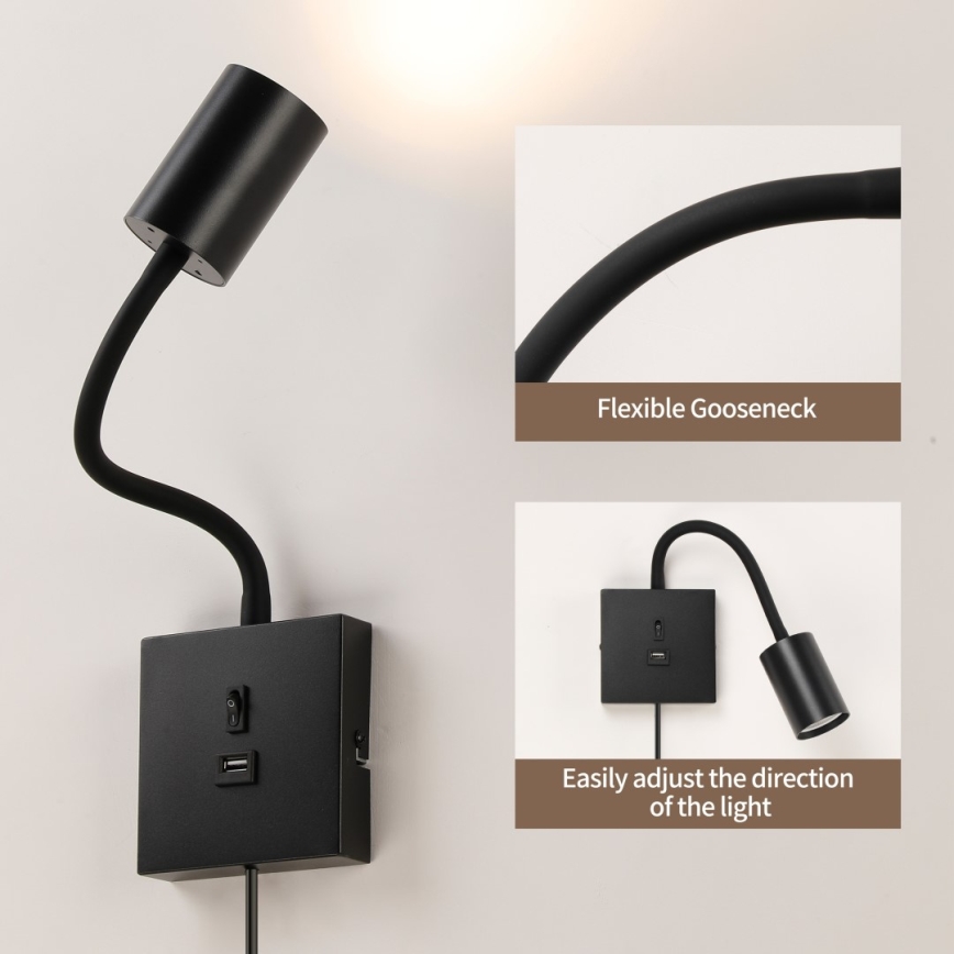 PUNTO USB-csatlakozós fali lámpa 1xGU10/9W/230V fekete