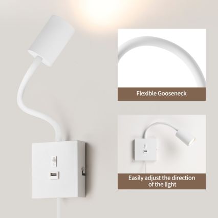 PUNTO fali lámpa USB-csatlakozóval 1xGU10/9W/230V fehér