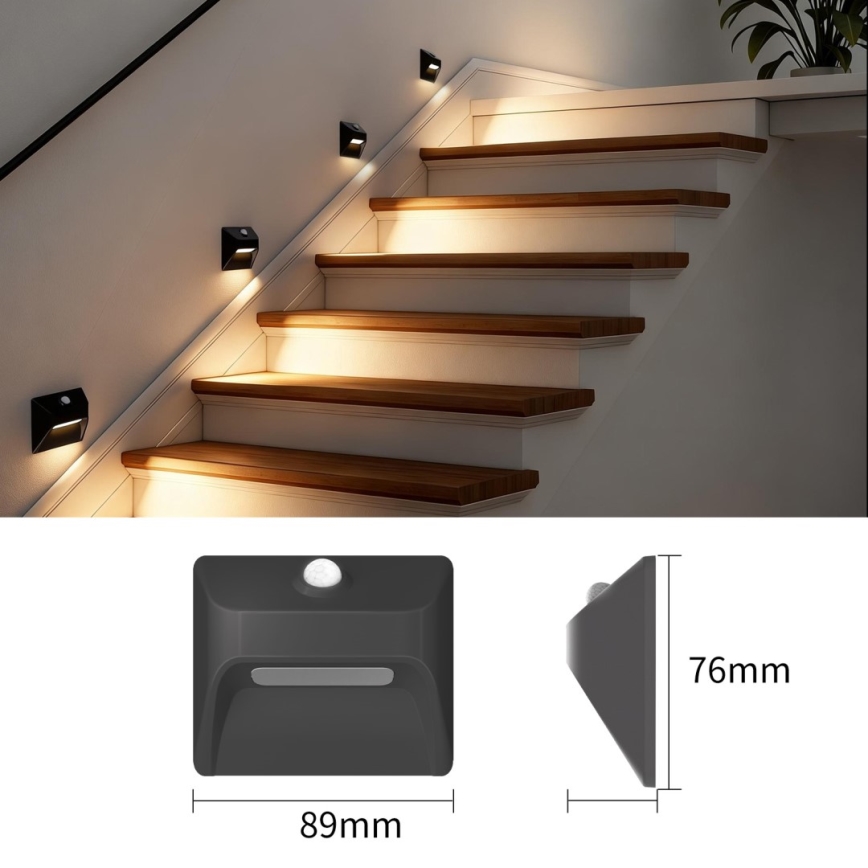 Immax 08307L - LED újratölthető lépcsővilágítás mozgás- és alkonyérzékelővel STEP LIGHT LED/0,3W/3,7V 2200 mAh IP53 fekete