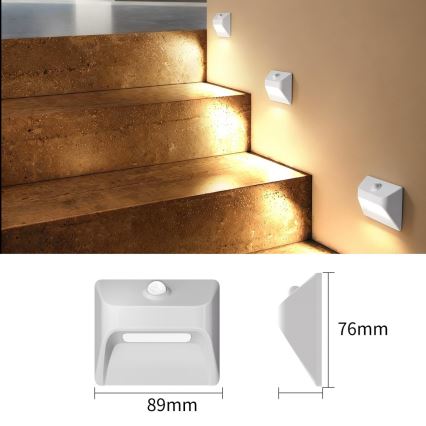 LED újratölthető lépcsővilágító lámpa mozgás- és alkonyatérzékelővel STEP LIGHT LED/0,3W/3,7V 2200 mAh IP53 fehér