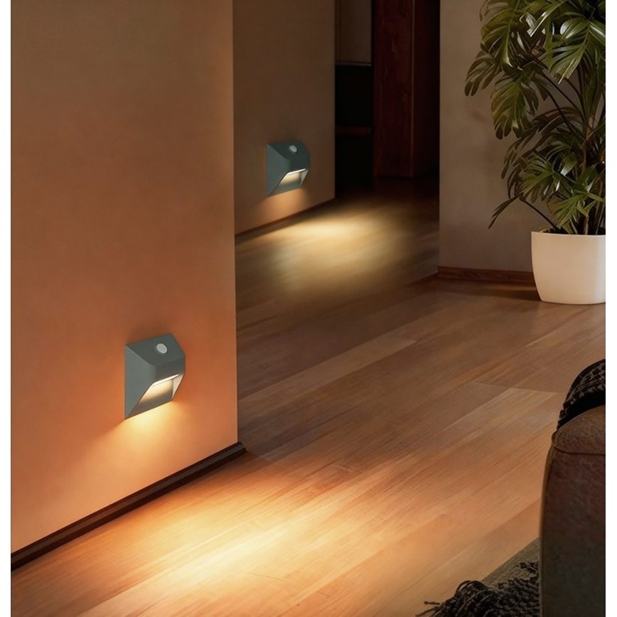 LED újratölthető lépcsővilágító lámpa mozgás- és alkonyérzékelővel STEP LIGHT LED/0,3W/3,7V 2200 mAh IP53 szürke