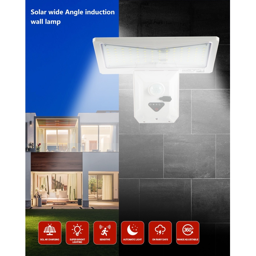 LED Napelemes érzékelős fali lámpa LED/2,6W/5,5V IP65 fehér